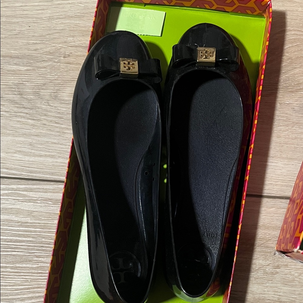 Tory Burch Black Patent Flats with Gold Logo